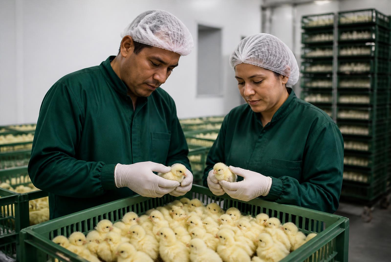 Equipo técnico de OVANZA revisando cajas de pollito en el pasillo de la planta de incubación